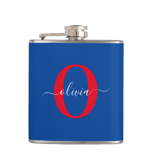 Personalised Monogram Script Name Blue White Red Hip Flask