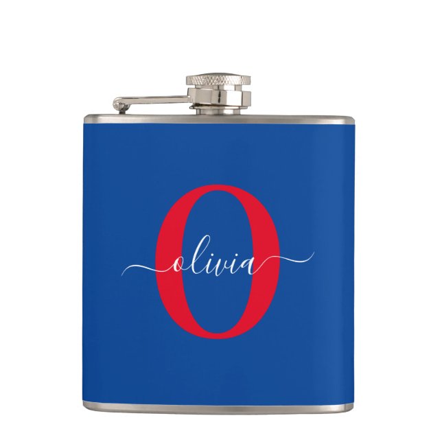 Personalised Monogram Script Name Blue White Red Hip Flask (Front)