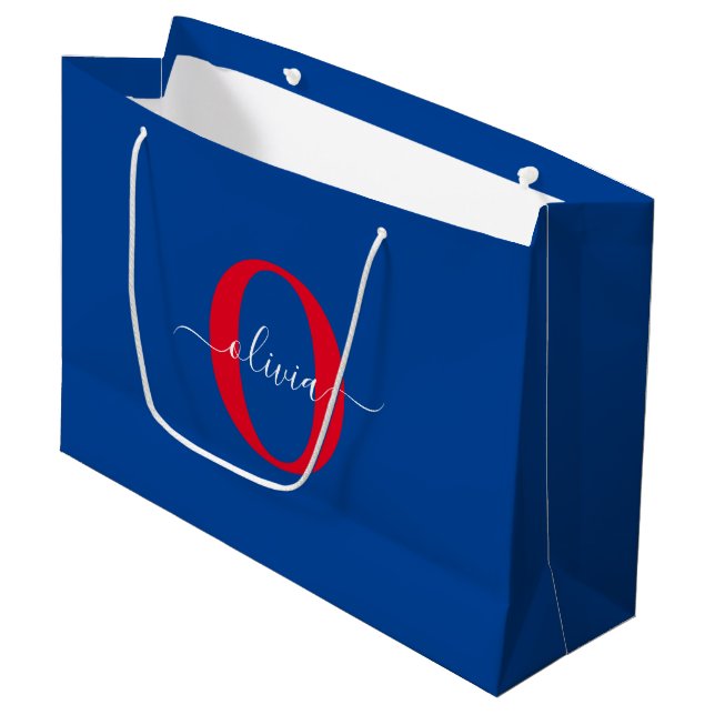 Personalised Monogram Script Name Blue White Red Large Gift Bag (Front Angled)