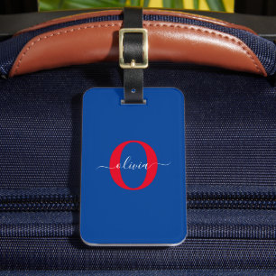 Personalised Monogram Script Name Blue White Red Luggage Tag