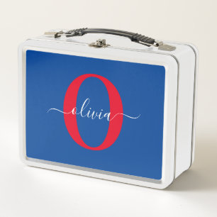 Personalised Monogram Script Name Blue White Red Metal Lunch Box