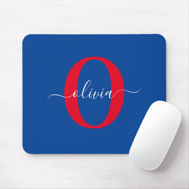 Personalised Monogram Script Name Blue White Red Mouse Mat (With Mouse)