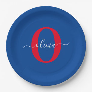 Personalised Monogram Script Name Blue White Red Paper Plate