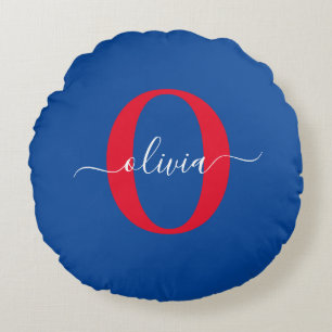 Personalised Monogram Script Name Blue White Red Round Cushion