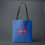 Personalised Monogram Script Name Blue White Red Tote Bag<br><div class="desc">This elegant monogram and stylish script name design can be given as a gift for a birthday, wedding, bridal shower, anniversary, Mother's Day or any occasion. It can be personalised with the person's initial and name. You can change the font, font colour, font size and background colour using the Design...</div>