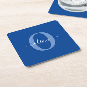 Personalised Monogram Script Name Blue White Square Paper Coaster