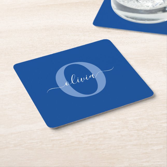 Personalised Monogram Script Name Blue White Square Paper Coaster (Angled)