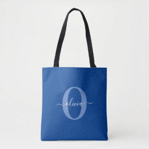 Personalised Monogram Script Name Blue White Tote Bag