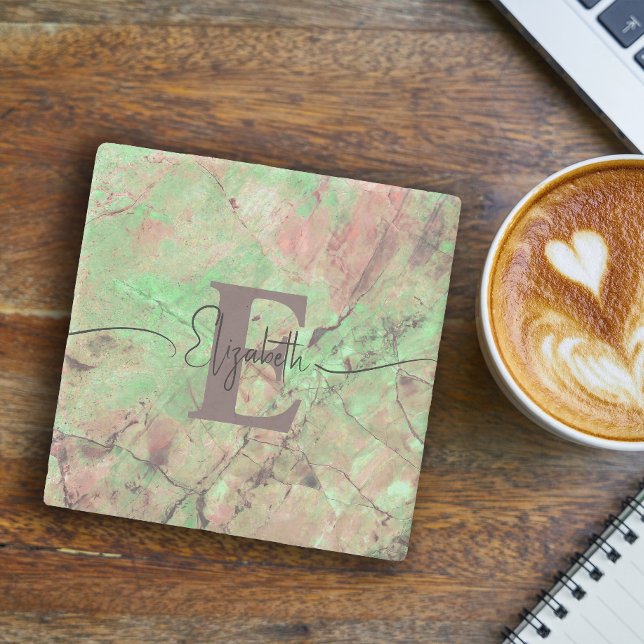 Personalised Monogram Script Name Green Marble Stone Coaster (Creator Uploaded)