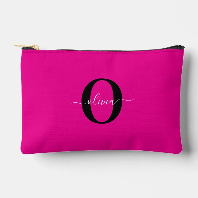 Personalised Monogram Script Name Pink Black White Accessory Pouch (Front)