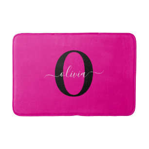 Personalised Monogram Script Name Pink Black White Bath Mat