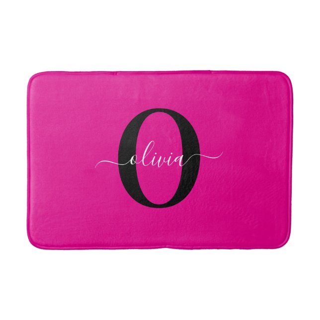 Personalised Monogram Script Name Pink Black White Bath Mat (Front)