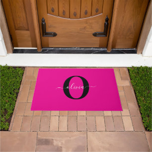 Personalised Monogram Script Name Pink Black White Doormat
