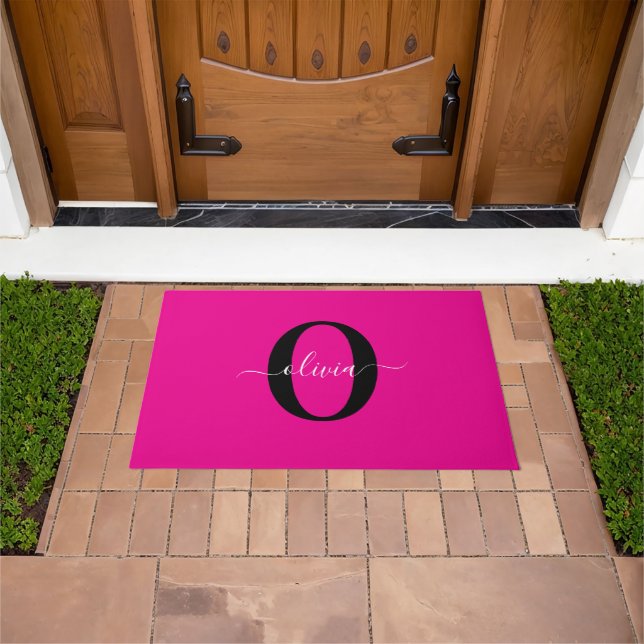 Personalised Monogram Script Name Pink Black White Doormat (Outdoor)