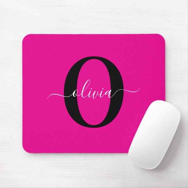 Personalised Monogram Script Name Pink Black White Mouse Mat (With Mouse)