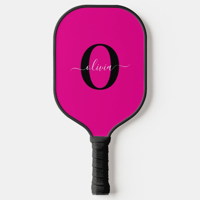 Personalised Monogram Script Name Pink Black White Pickleball Paddle (Front)