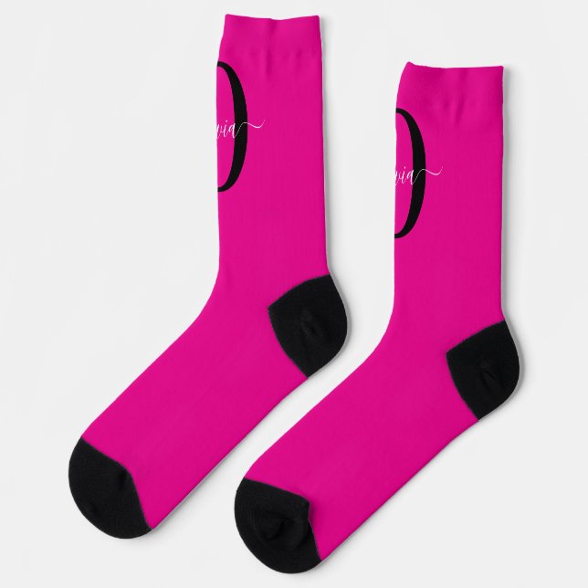 Personalised Monogram Script Name Pink Black White Socks (Left)