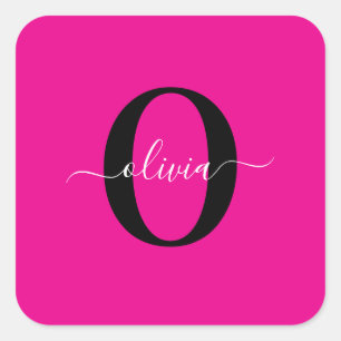 Personalised Monogram Script Name Pink Black White Square Sticker