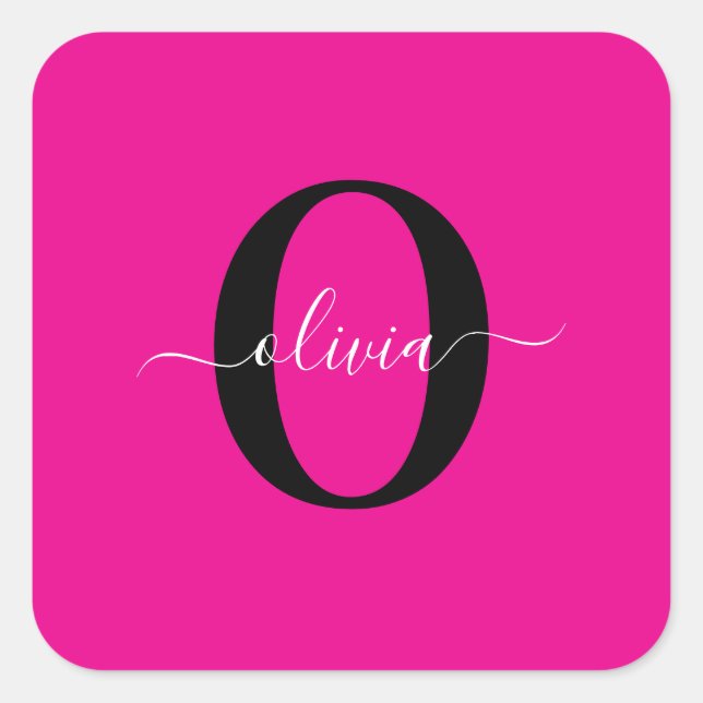 Personalised Monogram Script Name Pink Black White Square Sticker (Front)