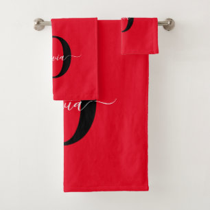 Personalised Monogram Script Name Red Black White Bath Towel Set