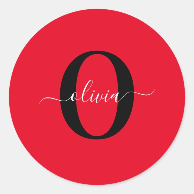 Personalised Monogram Script Name Red Black White Classic Round Sticker (Front)