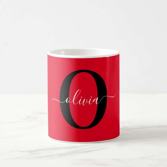 Personalised Monogram Script Name Red Black White Coffee Mug (Center)