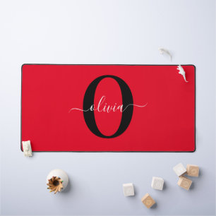 Personalised Monogram Script Name Red Black White Desk Mat