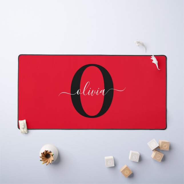Personalised Monogram Script Name Red Black White Desk Mat (Kids Table)