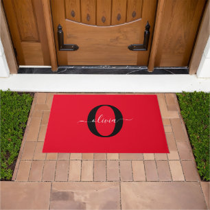 Personalised Monogram Script Name Red Black White Doormat