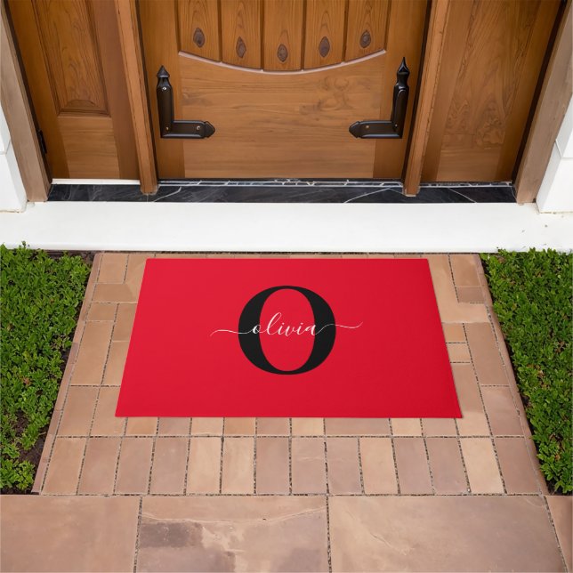 Personalised Monogram Script Name Red Black White Doormat (Outdoor)