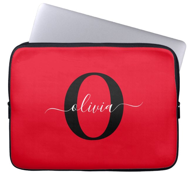 Personalised Monogram Script Name Red Black White Laptop Sleeve (Front)