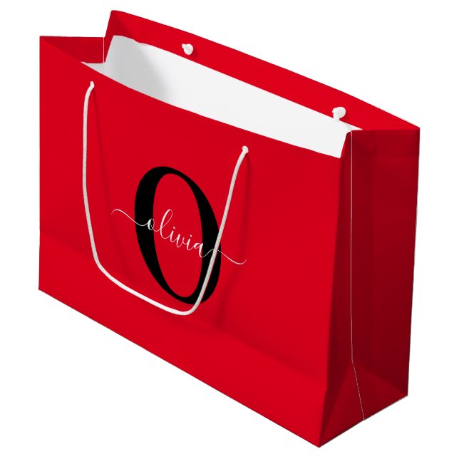 Personalised Monogram Script Name Red Black White Large Gift Bag (Front Angled)