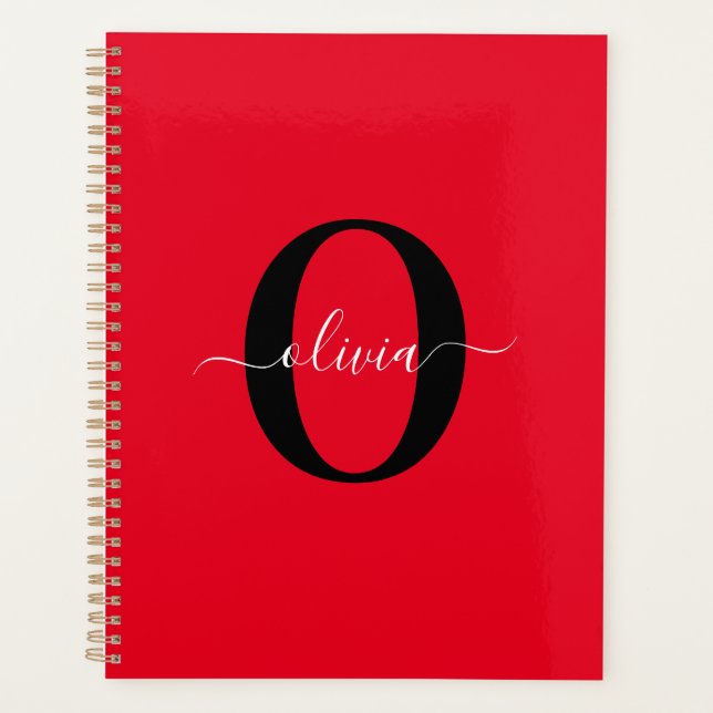 Personalised Monogram Script Name Red Black White Planner (Front)