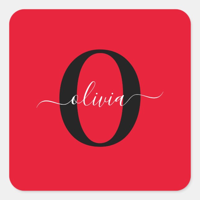 Personalised Monogram Script Name Red Black White Square Sticker (Front)
