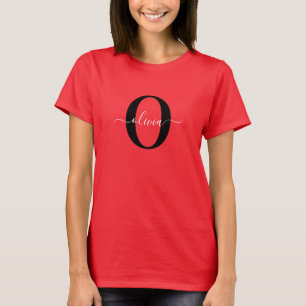 Personalised Monogram Script Name Red Black White T-Shirt