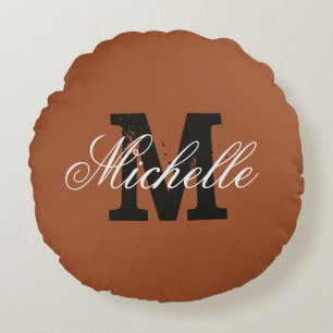 Personalised monogram sienna brown round throw cushion