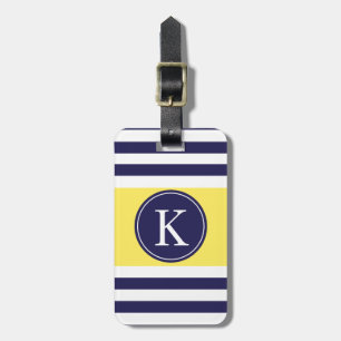 Personalised Monogram Stripes Pattern Navy Yellow Luggage Tag