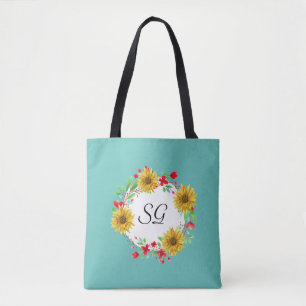 Personalised Monogram Sunflower Shopping Tote Bag