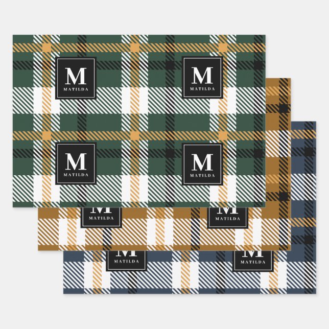 Personalised monogram tartan christmas wrapping paper sheet (Set)