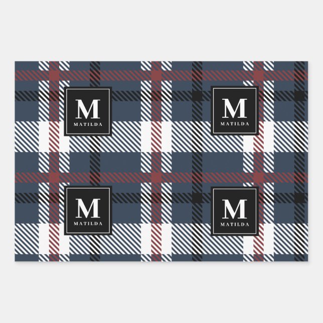Personalised monogram tartan christmas wrapping paper sheet (Front)