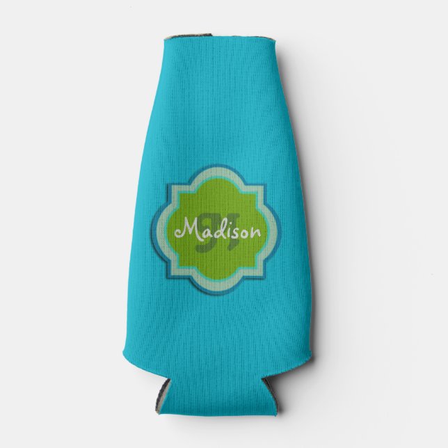 Personalised Monogram Teal Bottle Cooler (Front)