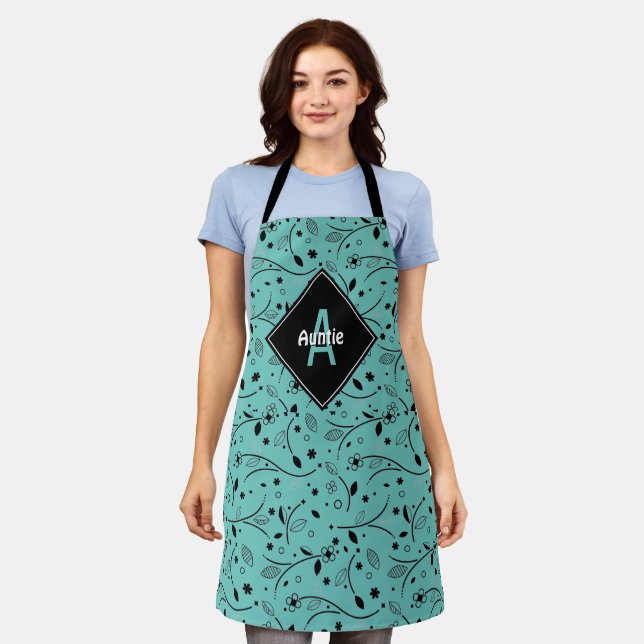 Personalised | Monogram | Teal | Floral | AUNTIE Apron (Worn)