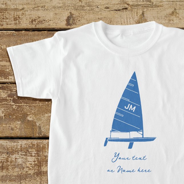 Personalised Monogram Text Sailboat Racing Blue T-Shirt (Creator Uploaded)