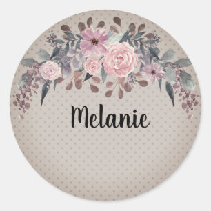 Personalised monogram text watercolor flower flora classic round sticker