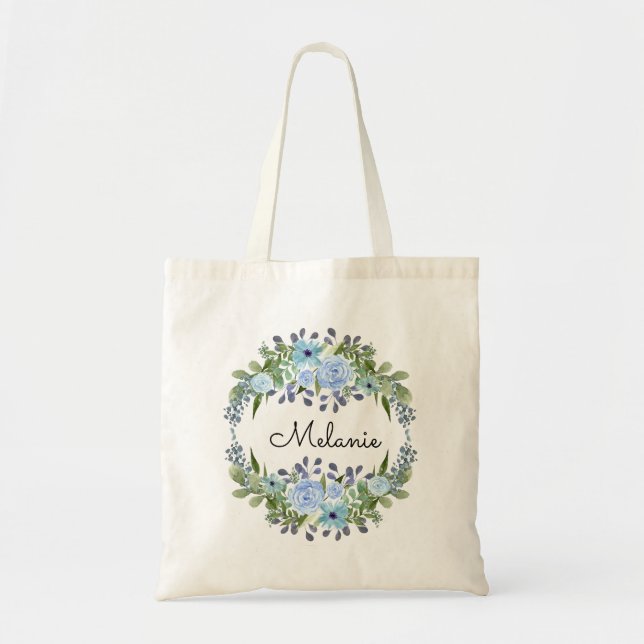 Personalised monogram text watercolor flower flora tote bag (Front)