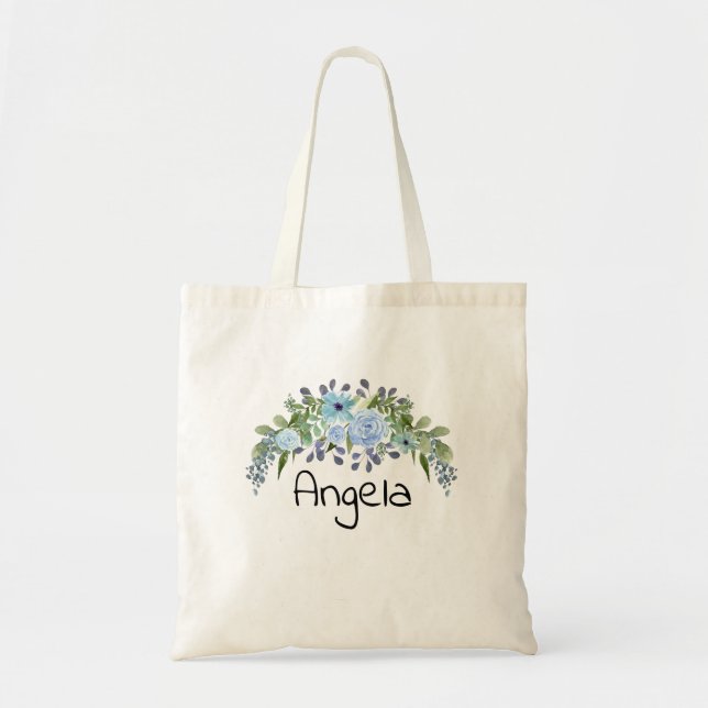 Personalised monogram text watercolor flower flora tote bag (Front)