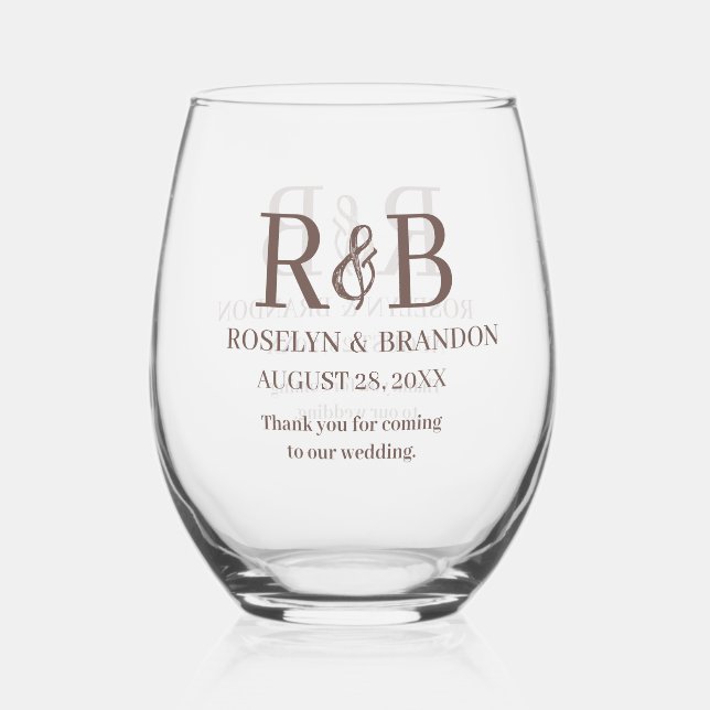 Personalised Monogram Thank you Wedding favour Stemless Wine Glass (Front)