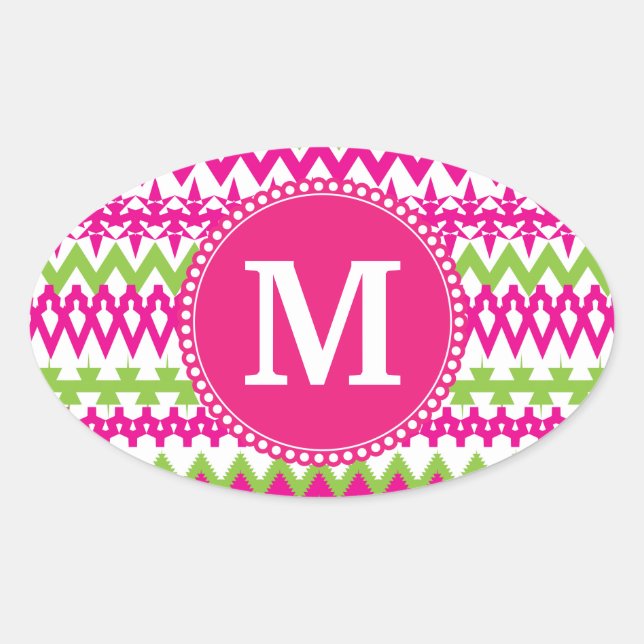 Personalised Monogram Tribal Pattern Pink Chevron Oval Sticker (Front)