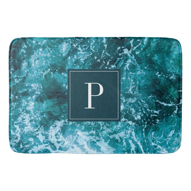 Personalised Monogram Turquoise Sea Waves Bath Mat (Front)