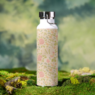 Personalised Monogram Vintage Floral Sage & Pink Water Bottle